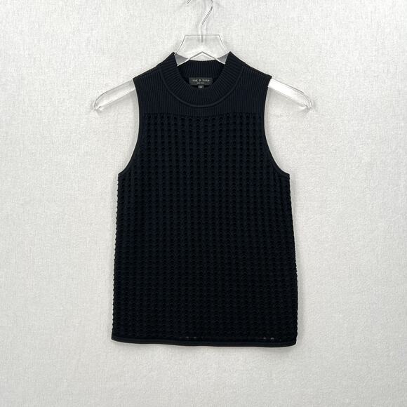 RAG AND BONE Ingrid Sleeveless Mock Neck Top Womens XS Black Open Knit Ribbed - Picture 2 of 14